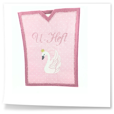 Uhefthülle aus rosa Filz und weißem Schwan.
