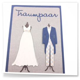 Hochzeitskarte mit Kleid und Anzug und Blautönen