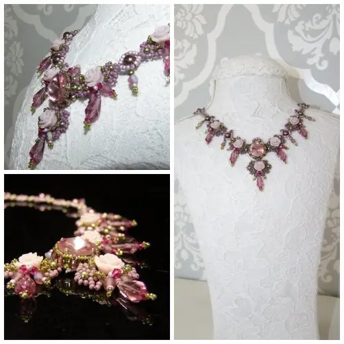 Nahaufnahme von Händen, die Perlen und Stoffe arrangieren